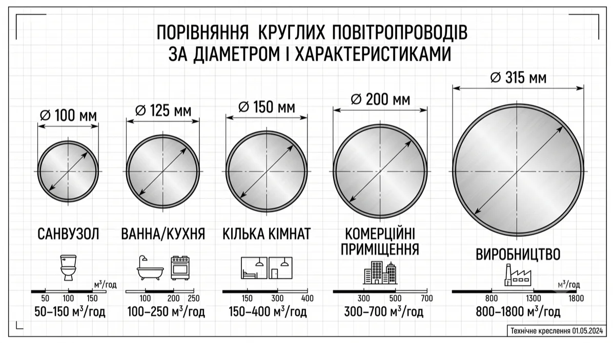 Діаметри канальних вентиляторів 100, 125, 150, 200 і 315 мм