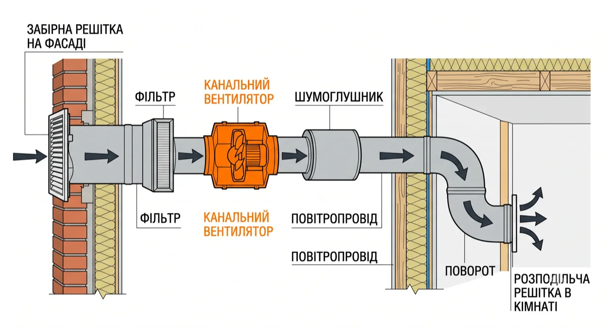 Схема монтажу канального вентилятора в системі повітропроводів